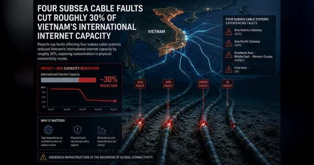 Multiple damaged subsea fiber cables with surviving routes carrying redirected internet traffic.