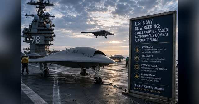 Uncrewed collaborative combat aircraft operating from a U.S. aircraft carrier flight deck.