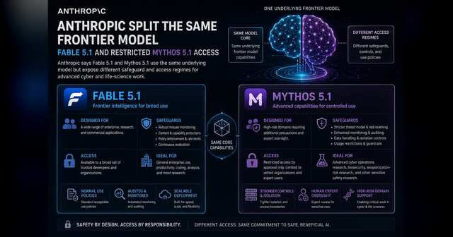 One AI model core branching into two differently restricted secure access environments.