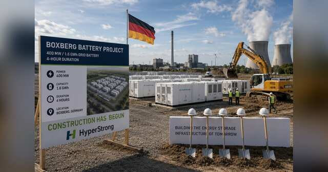 Large containerized battery-energy-storage project under construction at a former industrial site.