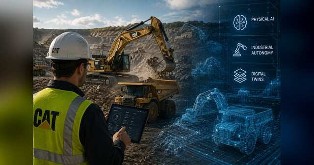 Autonomous heavy construction machine operating alongside a digital twin in an industrial worksite.