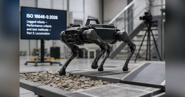 Legged service robots undergoing standardized locomotion tests over ramps, steps and uneven ground.