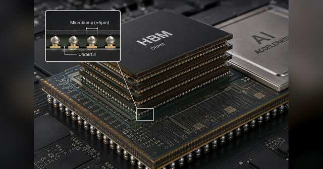 Microscopic HBM stack bonded to an AI accelerator with ultra-fine microbumps.