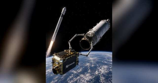 Servicing spacecraft approaching and capturing a large spent rocket upper stage in orbit.