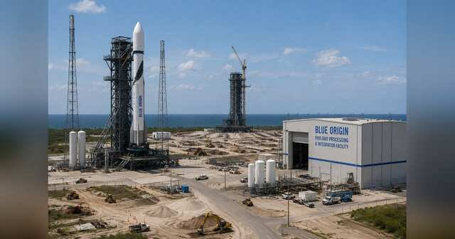 Large reusable orbital rocket at a new coastal launch pad with vertical integration and payload facilities.