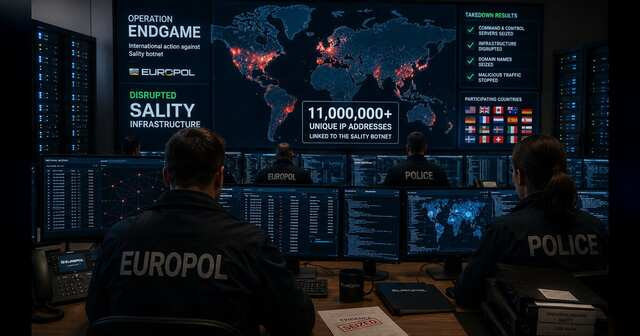 Large peer-to-peer botnet graph being segmented and disrupted by coordinated law-enforcement infrastructure actions.