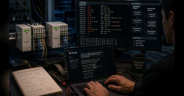 Cybersecurity researchers testing two industrial PLC models while AI assists reverse engineering in a controlled lab.