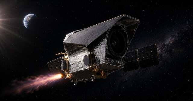 Roman-like space telescope performing a subtle trajectory-correction burn on the way toward Sun-Earth L2.